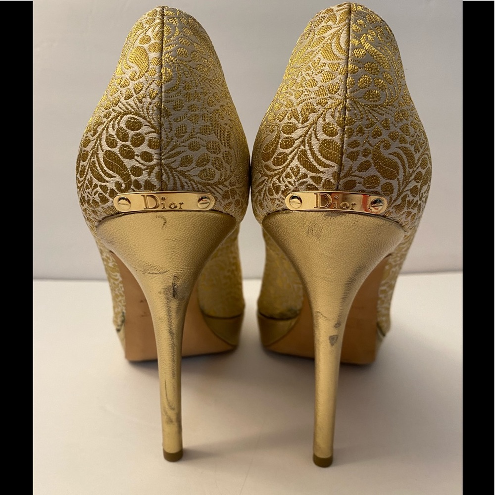Christian Dior open toe pumps heels fabric leather gold 39.5 - Picture 5 of 14